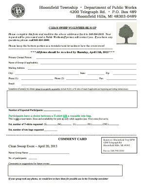 2013 Clean Sweep Signup Form - Bloomfield Township