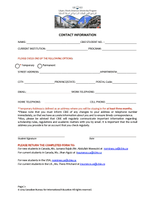 CBIE Student Contact Information Form