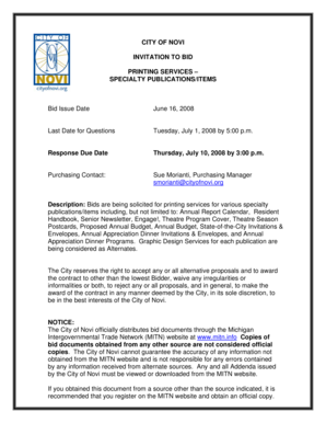 CITY OF NOVI INVITATION TO BID PRINTING SERVICES ...