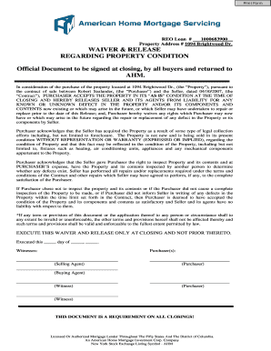 REO Property Waiver and Release