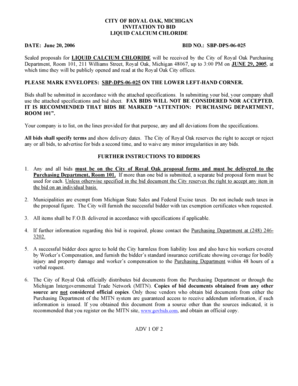 Sealed proposals for LIQUID CALCIUM CHLORIDE will be received by the City of Royal Oak Purchasing