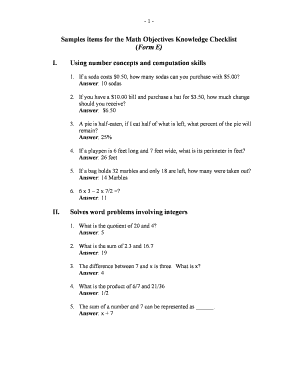 Math Objectives Knowledge Checklist