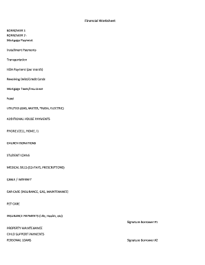 Financial Worksheet for Mortgage Application