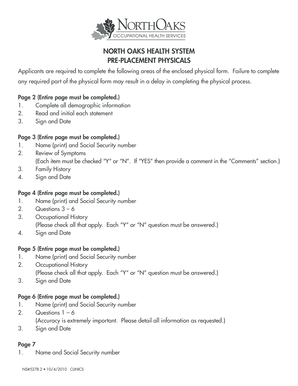 North Oaks Health System Pre-Placement Physical Form