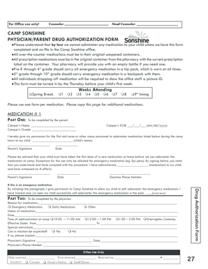 Camp Sonshine Physician Parent Drug Authorization Form