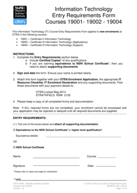 Information Technology Course Entry Requirements Form