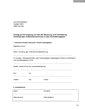 Antrag auf Eintragung von bei der Beratung und Vermittlung mitwirkenden Arbeitnehmer/innen in das Vermittlerregister