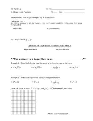 CP Algebra 2 Logarithmic Functions Worksheet