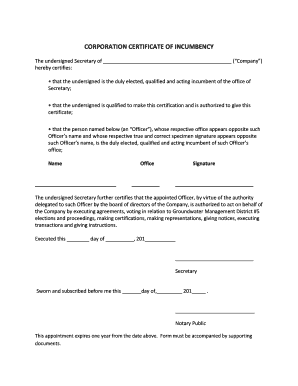 Corporation Certificate of Incumbency