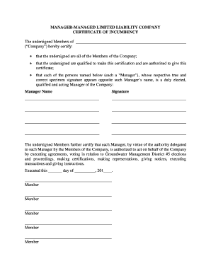Manager-Managed LLC Certificate of Incumbency