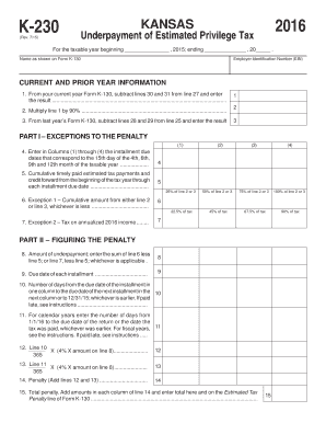 Underpayment of Estimated Privilege Tax K-230 - Kansas bb - kdor