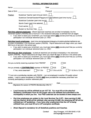 Payroll Information Sheet for Substitute Teachers and Staff