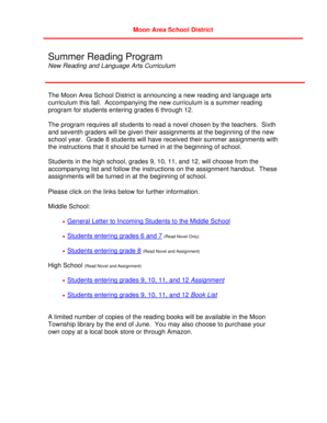 Moon Area School District Summer Reading Program