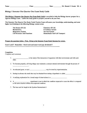 Biology I Semester One Quarter One Exam Study Guide