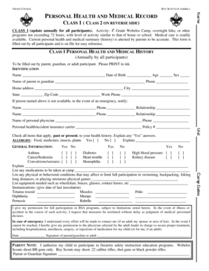 Boy Scouts of America Class 1 Health and Medical Record