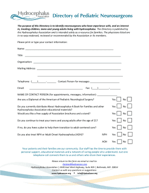 Hydrocephalus Association Physician Directory Form