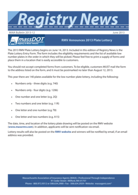 2013 Massachusetts Plate Lottery Entry Form