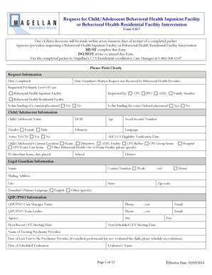 Request for Child Behavioral Health Inpatient Facility Form 3.14.7