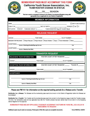 California Youth Soccer Team Roster Change Form