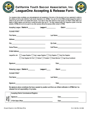 California Youth Soccer Association Acceptance and Release Form