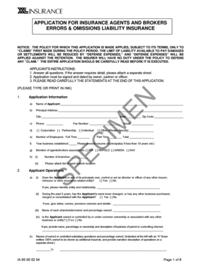 Application for Insurance Agents and Brokers Errors and Omissions Liability Insurance
