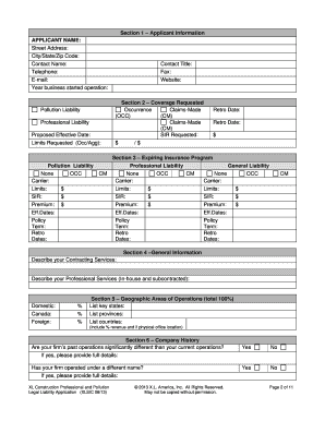 XL Construction Professional and Pollution Legal Liability Application