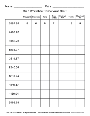 BNameb Date Math Worksheet Place Value Chart 608788 6 0 8 7 8 bb