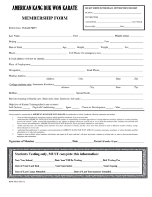 American Kang Duk Won Karate Membership Form