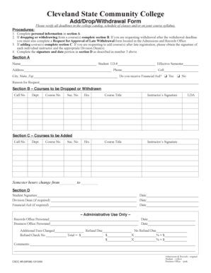 Cleveland State Community College Add/Drop/Withdrawal Form