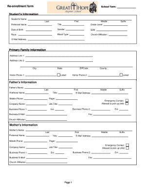 School Re-enrollment Form