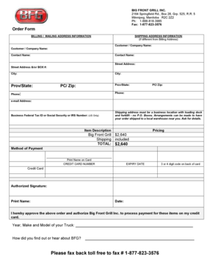 Big Front Grill Order Form