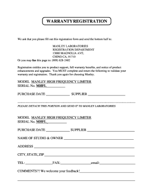 Manley High Frequency Limiter Warranty Registration