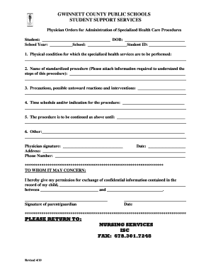 Physician Orders for Administration of Specialized Health Care Procedures