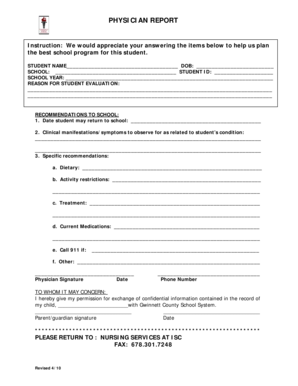 Physician Report for Student School Program