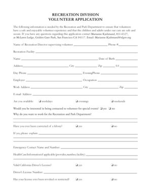 San Francisco Recreation and Park Department Volunteer Application
