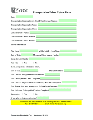 Transportation Driver Update Form