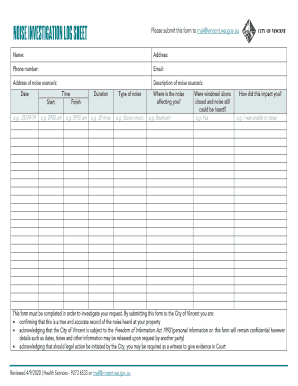 Fillable Online NOISE INVESTIGATION LOG SHEET Please submit this form to mail ... Fax Email ...