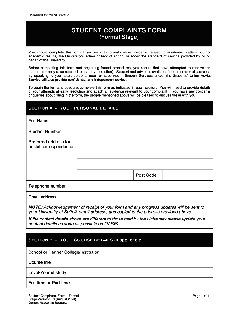 Academic Appeal Form - Formal Stage - University of Suffolk Preview on Page 1