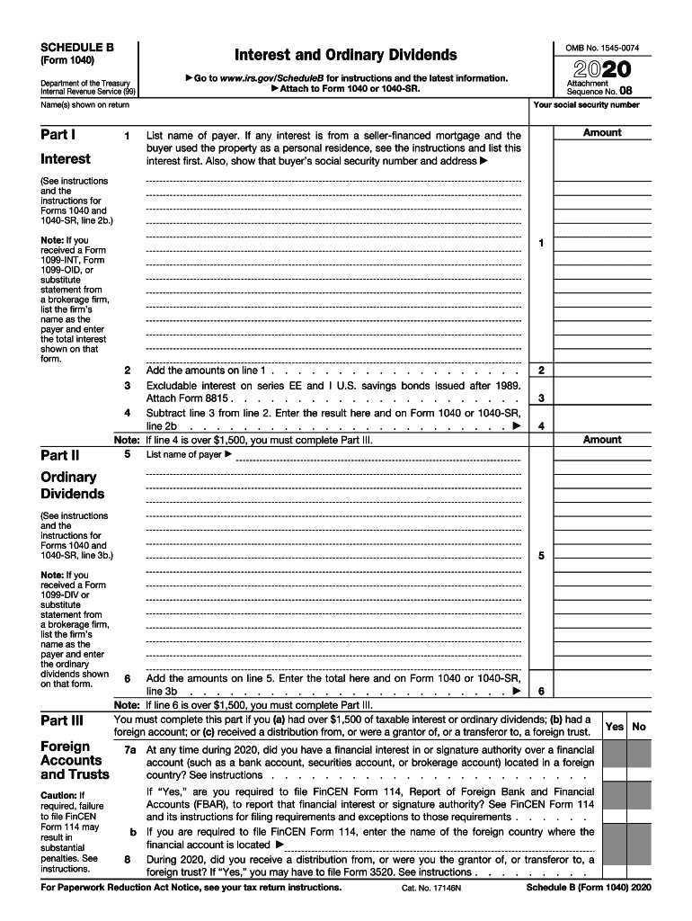 IRS 1040 Schedule B 2020 Fill out Tax Template Online US Legal Forms