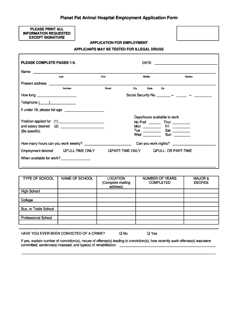 Fillable Online Pet Animal Hospital Employment Application Form