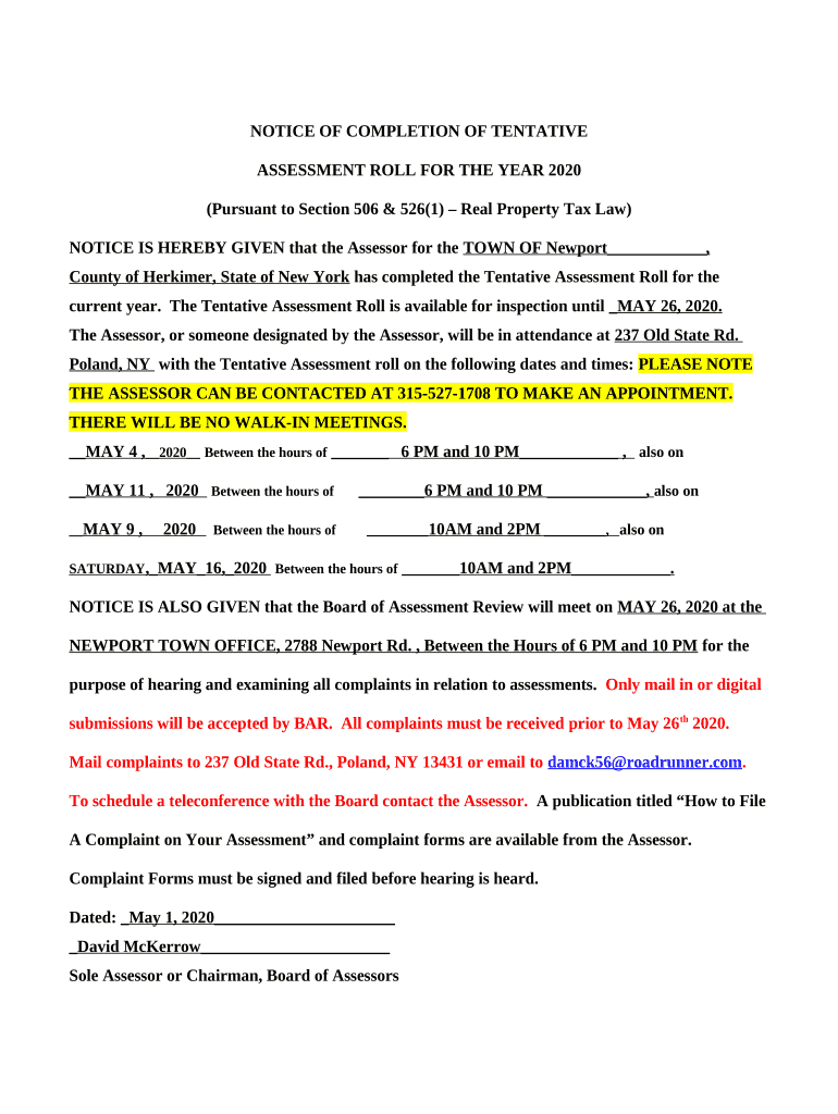 NOTICE OF COMPLETION OF TENTATIVE Doc Template | pdfFiller