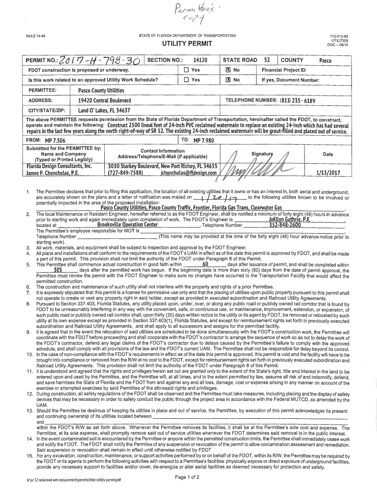 Fillable Online Florida Department of Transportation Utility Permit Fax Email Print pdfFiller