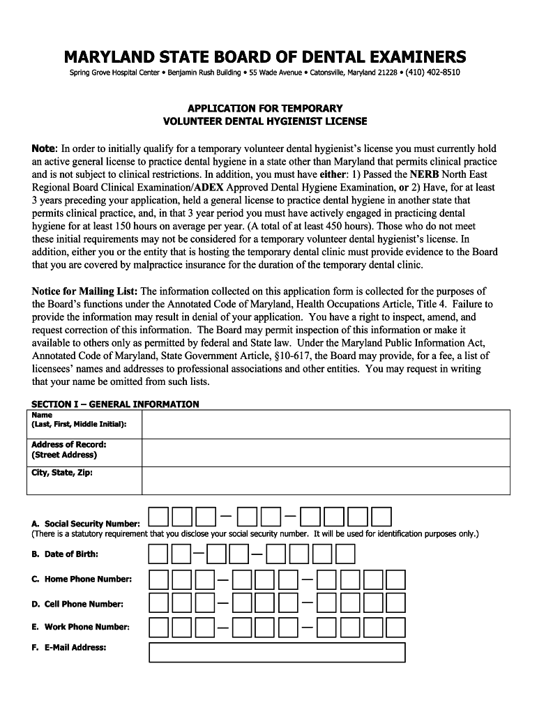 Fillable Online VOLUNTEER DENTAL HYGIENIST LICENSE Fax Email Print