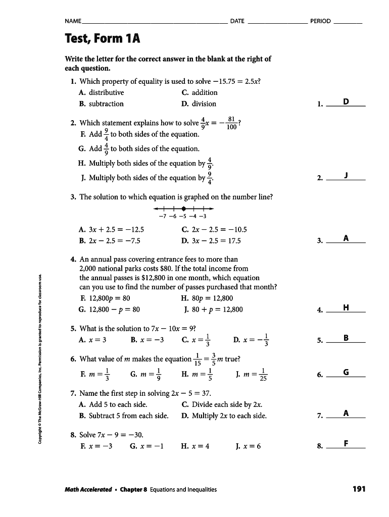 Test Form 3a Answer Key - Fill Online, Printable, Fillable, Blank ...