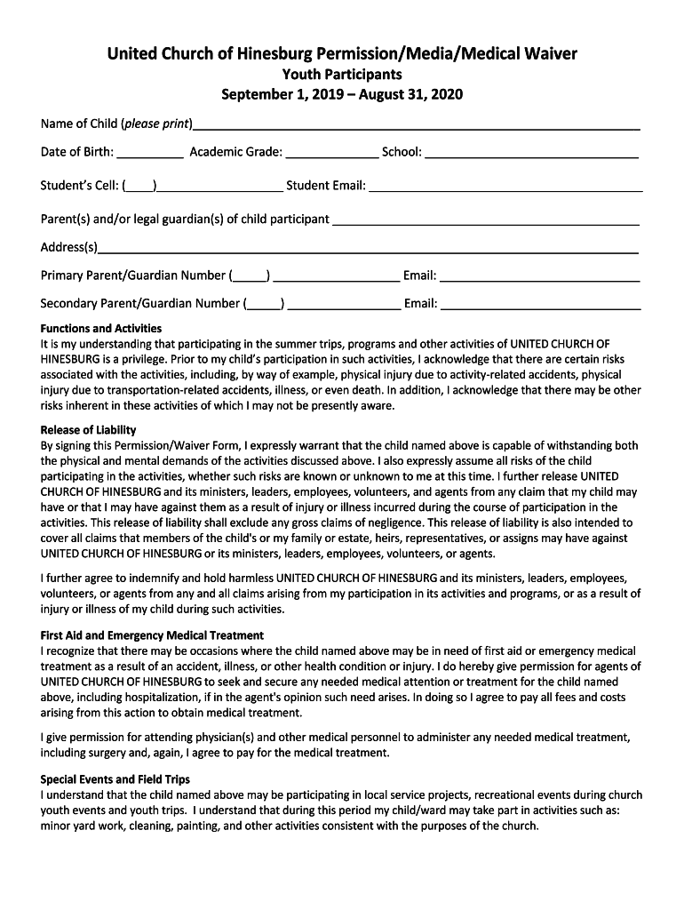 Fillable Online United Church of Hinesburg Permission/Media/Medical Waiver Fax Email Print