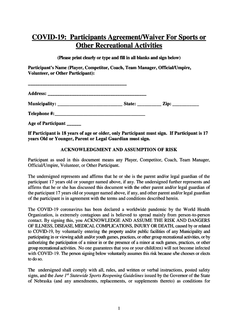 Fillable Online Waiver For Sports or Other Recreational Activities