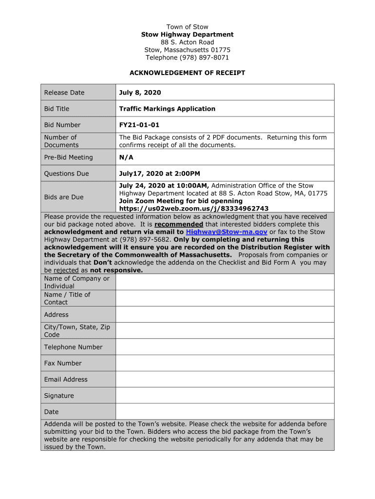 Fillable Online Stow Highway Department 88 S Acton Rd Stow, MA State