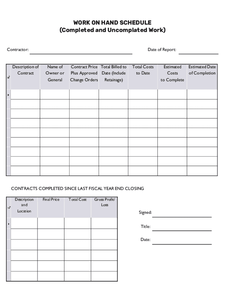 Work on Hand Schedule Preview on Page 1