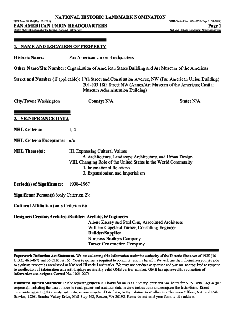 Fillable Online Pan American Union Headquarters NHL Nomination Form Fax