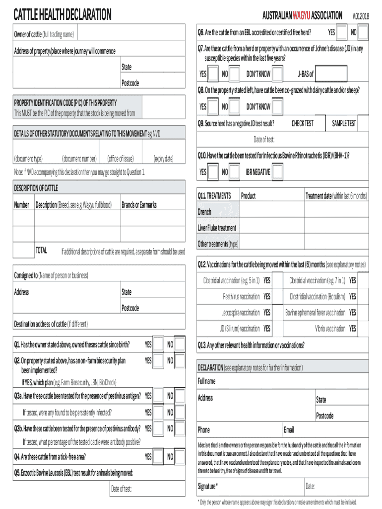 Fillable Online wagyu org CATTLE HEALTH DECLARATION Fax Email Print